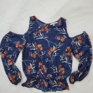 June & Hudson Navy Floral Cold Shoulder Blouse